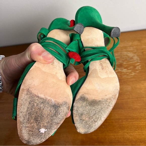 Manolo Blahnik 2023 Leaf Cherry Suede Wrap Heeled Sandals - Picture 8 of 8